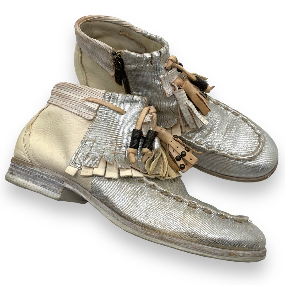 A.S 98 Metallic Silver & Cream Fringe Leather Ankle Boots
